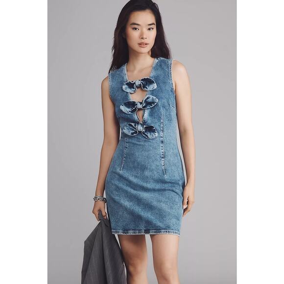 NWT ANTHROPOLOGIE Baum und Pferdgarten Ajki Bow Denim Mini Dress $249 SIZE 8 - Picture 1 of 9